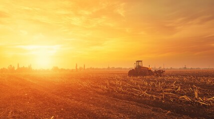 Fototapeta premium Agricultural Field at Sunset with Tractor in Polluted Environment