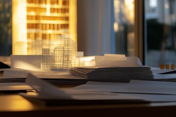 Image shows architectural models and paperwork related to building permit process and property development permit process. Concept highlights importance of property development permit process