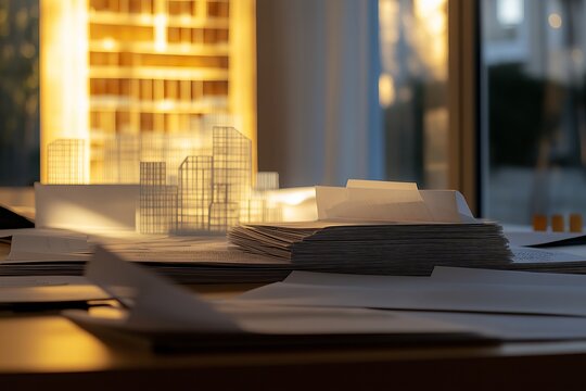 Image shows architectural models and paperwork related to building permit process and property development permit process. Concept highlights importance of property development permit process