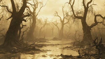 Eerie Polluted Forest with Dead Trees and Murky Waters