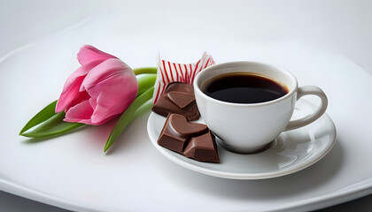 Obraz premium cup of coffee with rose, Minimalist Still Life With Coffee Cup And Pink Tulip