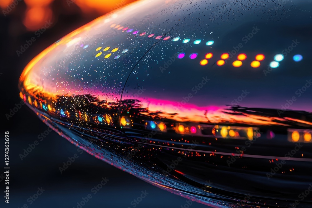 Poster a mesmerizing abstract of vibrant city lights reflecting on a wet, sleek surface, creating a blurred