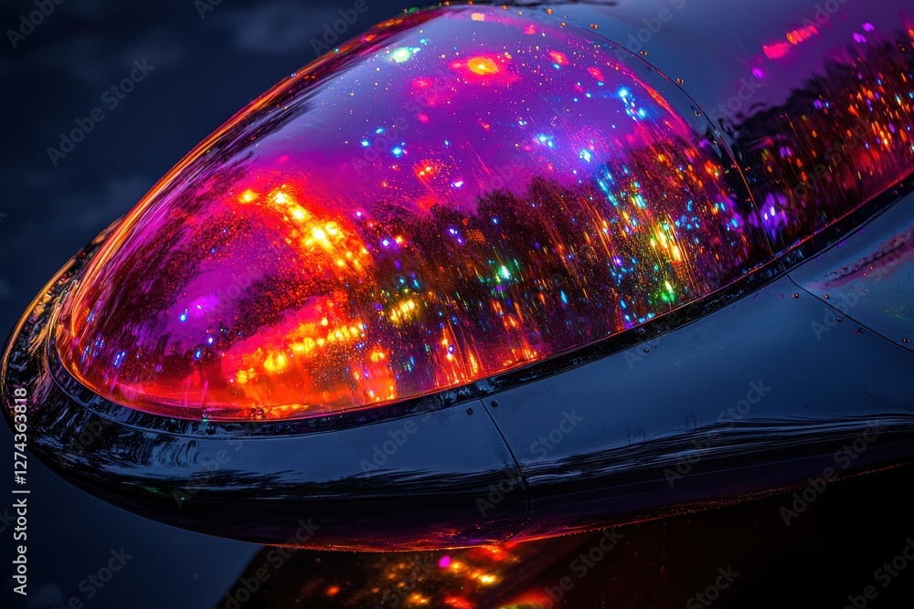 Poster an abstract view of vibrant lights reflected on a futuristic dome, creating an otherworldly and dazz