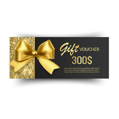Golden voucher or gift card, gold certificate for discount. Set of isolated template for present coupon with ribbon and bow. Vector illustration