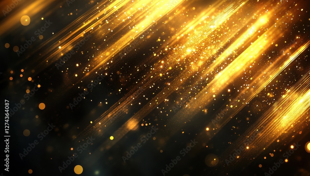 Poster sparkling gold light rays with glowing particles creating an ethereal background for festive events 