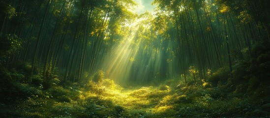 Obraz premium Sunbeams illuminate a lush green forest path.