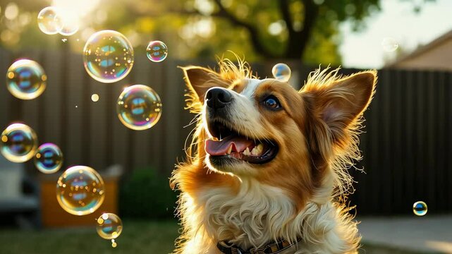 Funny dog enjoys watching soap bubbles in the backyard on a sunny day