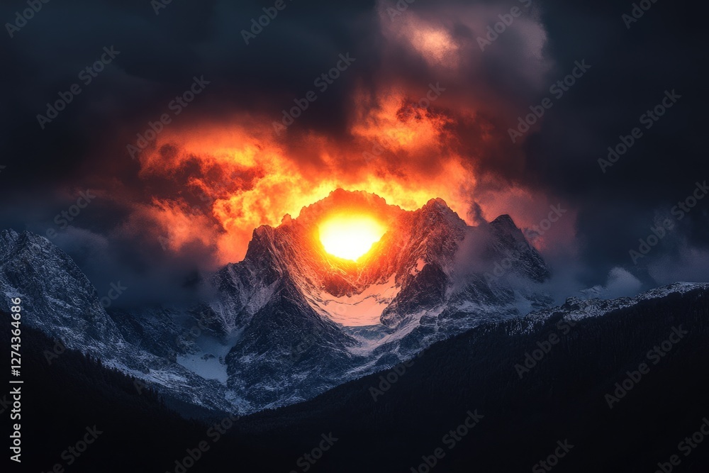 Canvas Prints Fiery sunset bursts through snow-capped mountains, creating a dramatic and breathtaking scene.