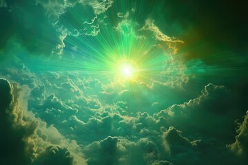 Fototapeta premium Radiant green sunburst erupts through dramatic cloudscape, celestial, divine light.