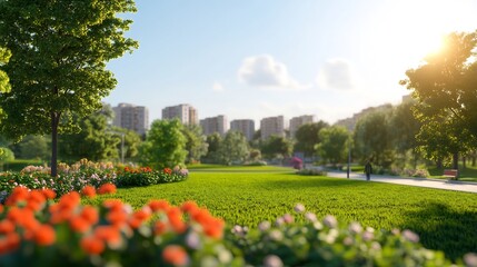 Obraz premium modern city with green parks and buildings, eco-friendly view
