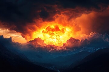 Fiery sunset illuminates a majestic mountain range, creating a dramatic and awe-inspiring scene.
