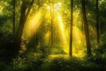 Obraz premium golden rays cascade through verdant tapestry of a lush woodland, casting ethereal patterns of luminescence upon enchanted forest floor.