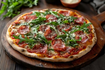 Round pizza with tomato, mozzarella, speck, arugula and parmesan cheese on a wooden board, resting on a dark wooden table