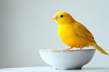 Small yellow canary happily eating birdseed from a white bowl placed on a clean white table, showcasing its vibrant color and charm