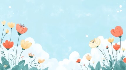 Pastel Flowers in Sky Background, Decorative, Floral Illustration, Peaceful Scene, Stock Photo