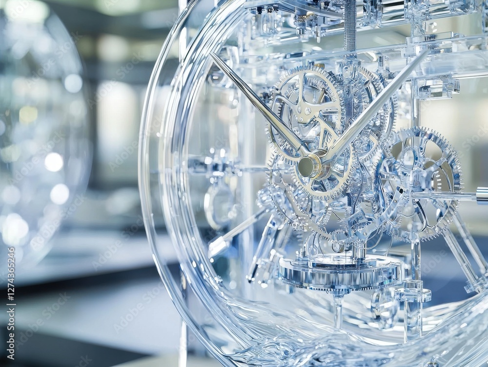 Aufkleber close-up view of an intricately designed transparent clock revealing its inner mechanism, showcasing
