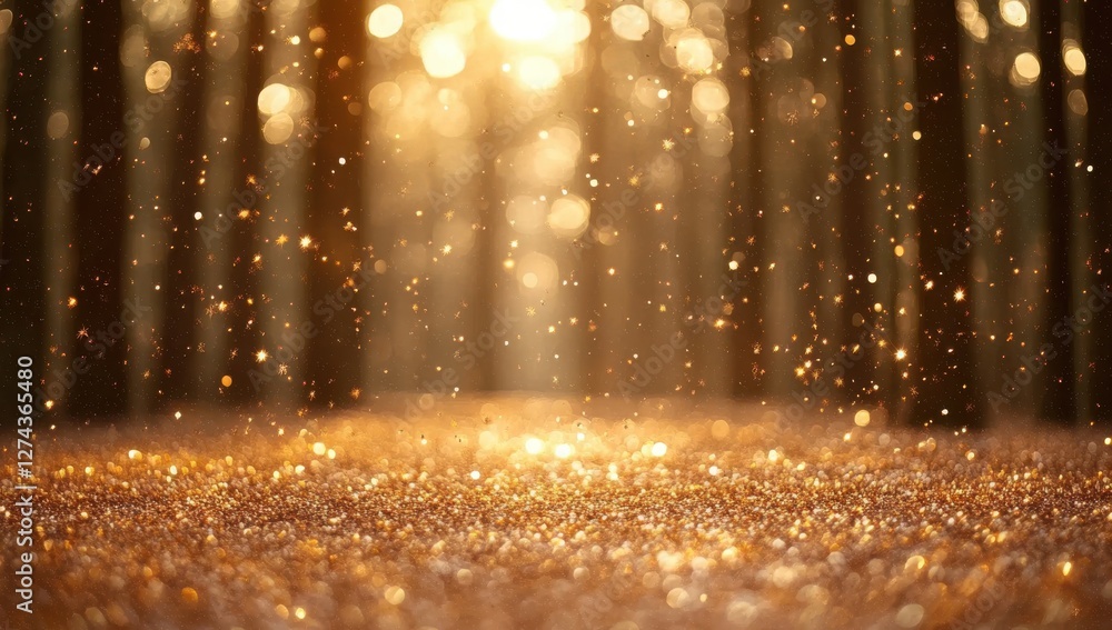 Poster sparkling golden light filtering through trees in a serene forest setting with glimmering particles 