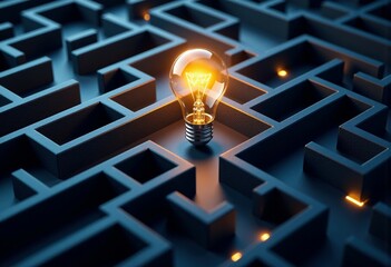 Glowing light bulb in dark blue maze symbolizing innovation and problem solving