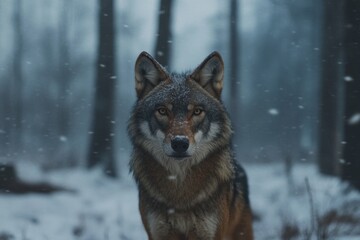 Fototapeta premium Majestic wolf in snowy forest, winter wildlife