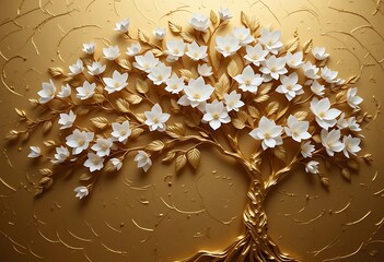 Golden tree with white flowers decorates gold background. Artistic design with 3d effect. Decorative tree, flowers create luxurious look. Elegant floral wallpaper. Luxurious golden tree stands out 
