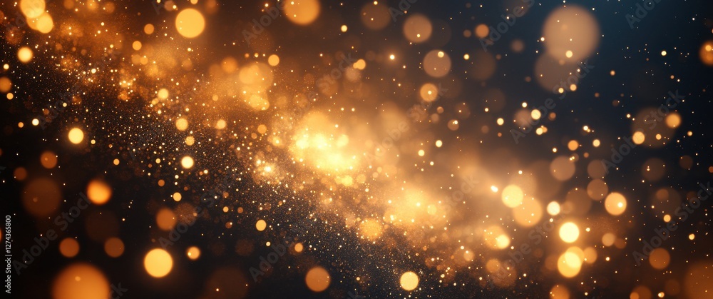 Poster sparkling golden particles in motion with dreamy background for use in abstract art, digital design,