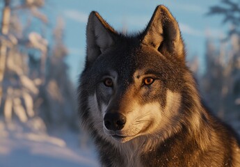 Obraz premium Majestic wolf winter forest sunset portrait
