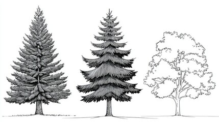 Fototapeta premium Three Detailed Drawings of Coniferous and Deciduous Trees
