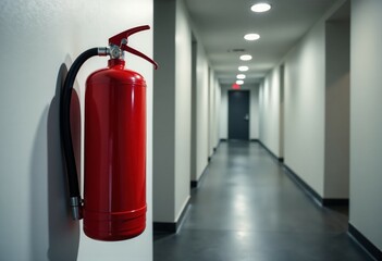 Obraz premium Red fire extinguisher in empty modern corridor with grey doors and white walls