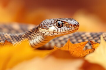 Fototapeta premium Dramatic closeup of a snake slithering through autumn leaves wildlife safari macro photography natural habitat ground level wildlife