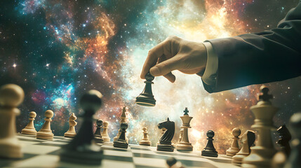 chessboard in a cosmic realm, where business leaders move enchanted pieces representing marketing strategies 