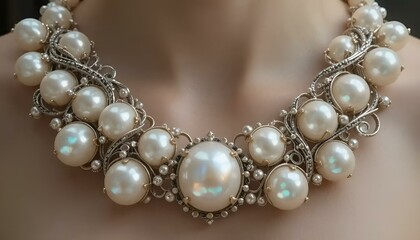 Luxurious pearl necklace, opulent design, showcasing elegance, soft background
