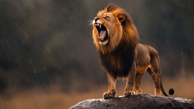 Dramatic roar of a lion on a rocky hill wildlife safari scene nature photography majestic environment close-up perspective
