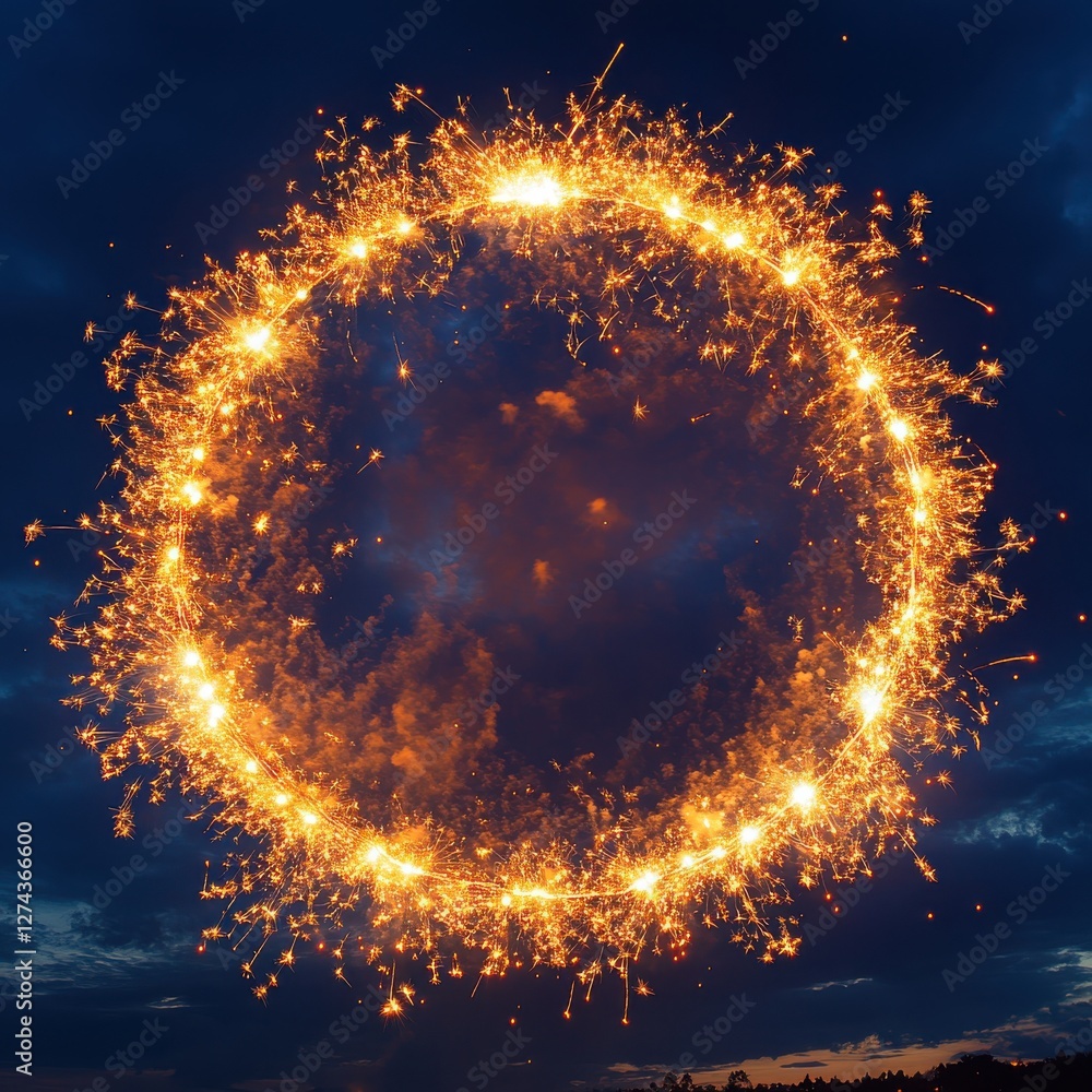 Poster spectacular display of glowing sparks forming a circular shape against a dark blue evening sky with 