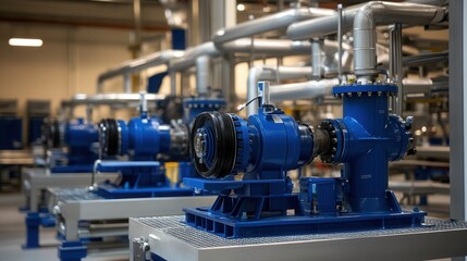 Industrial pumps and piping system in modern manufacturing facility, showcasing advanced fluid control technology and efficient machinery operations.