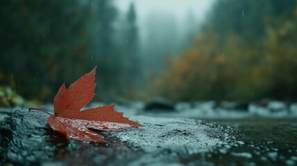 Red Autumn Leaf in Rainy Stream, Dark Forest Background