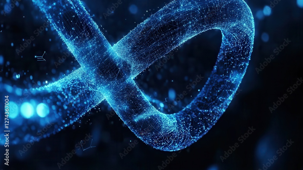 Poster infinity loop with blue particles in digital space, abstract background for technology, science, and