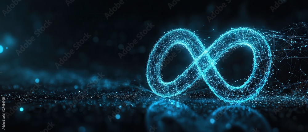 Poster infinity symbol in blue lights with sparkling particles for digital art and background design concep