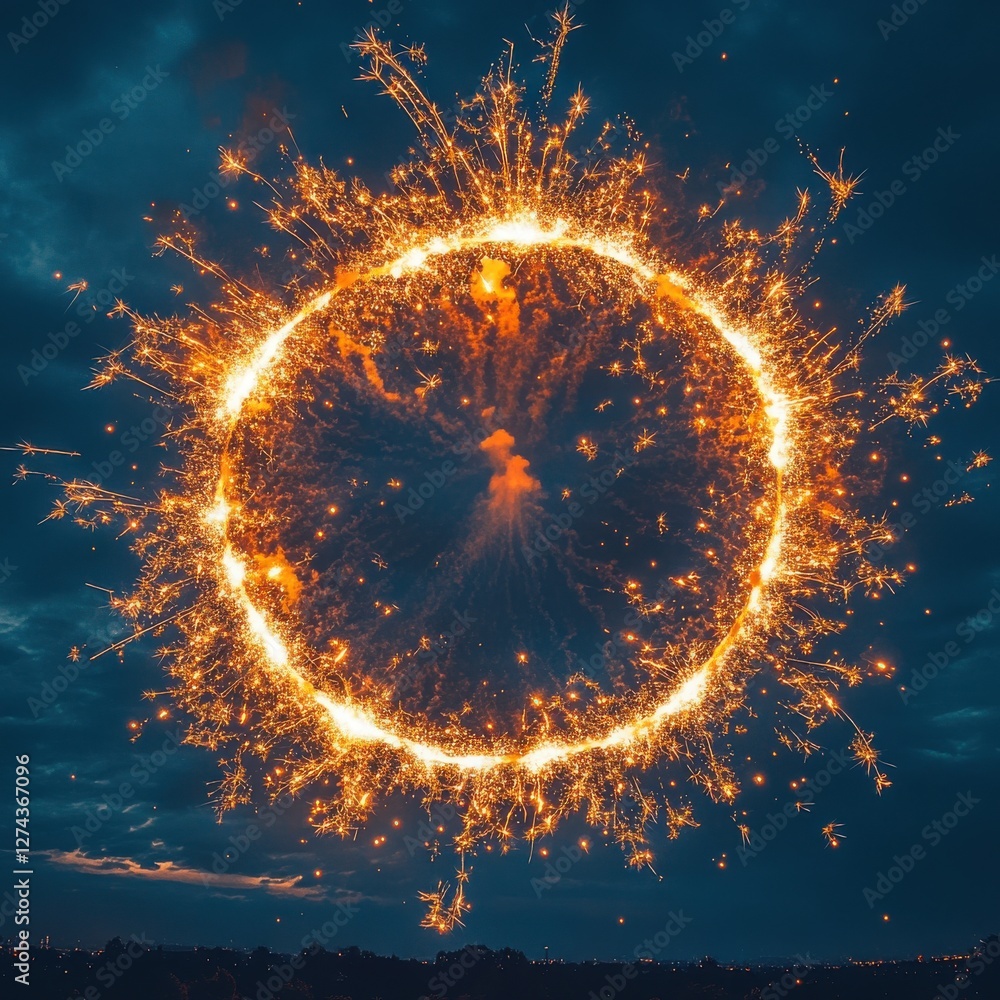 Poster stunning circular firework display illuminating the night sky with sparkling effects creating a magi