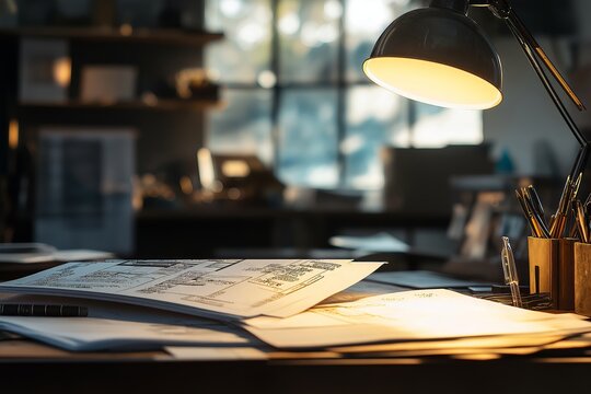 Workspace with residential planning permission documents and blueprints illustrating building permit process. Concept of residential planning permission documents highlights key steps in development