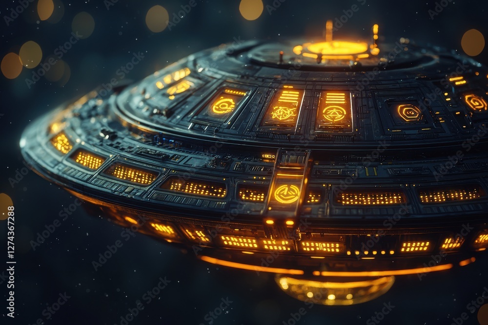Aufkleber high-tech ufo flying in space with glowing details and intricate design, futuristic spaceship with w