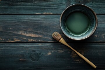 Matcha tea ceremony, wooden background, zen atmosphere, healthy drink