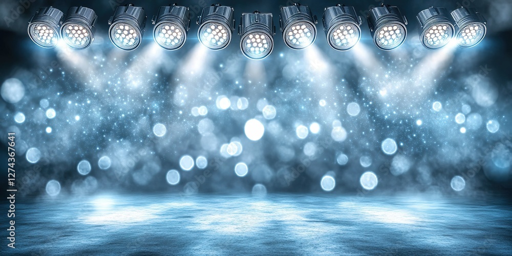 Poster bright stage lights illuminate a performance space with a dazzling blue bokeh background at a local 