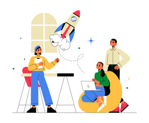 Business Team Brainstorming With Rocket Launch In Flat Vector Illustration Symbolizing Startup Strategy, Innovation, And Entrepreneurship, Isolated On White Background.