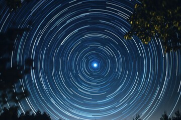 A breathtaking display of star trails swirling around Polaris, captured through long exposure, with silhouetted trees framing the celestial wonder and highlighting Earth's rotation.