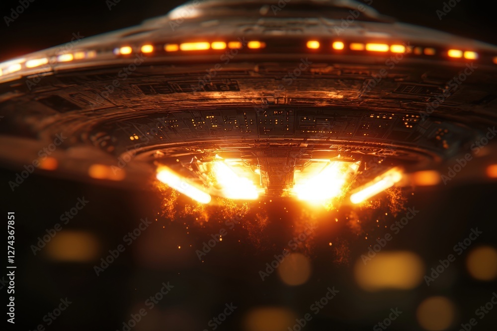 Poster a close-up of a ufo with bright lights hovering in the night sky, a detailed futuristic spaceship, c