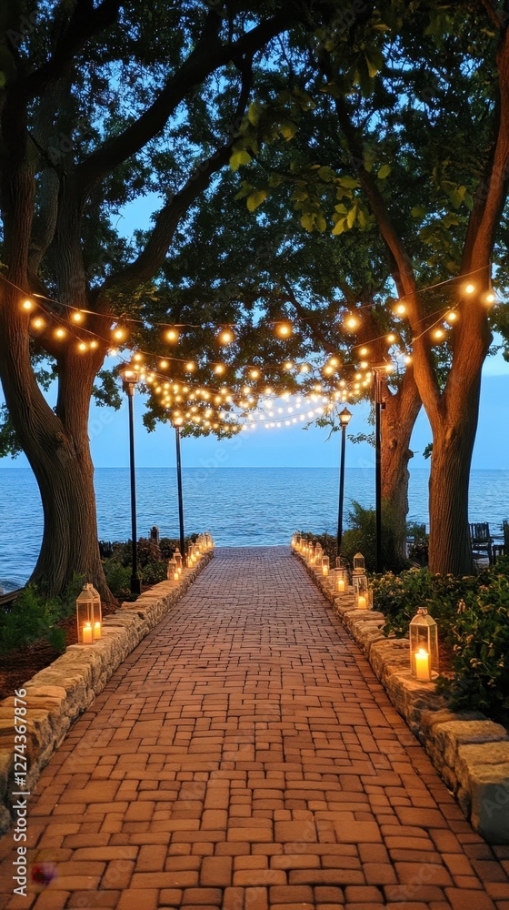 Poster enchanting brick path illuminated by string lights leading to tranquil lake at twilight with romanti