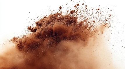 Brown dust explosion creating a dramatic effect against a white background, ideal for artistic visuals