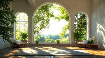 Sunlit room with arched windows overlooking lush green landscape.