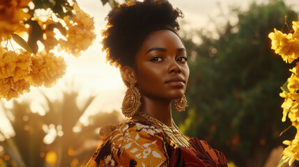 Portrait of Black Woman with Afro Hairstyle, Gold Jewelry, and Floral Background