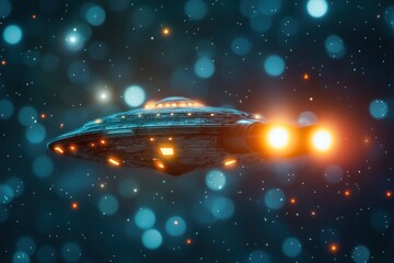 Obraz premium A detailed flying saucer or UFO speeds through a starry, cosmic expanse, glowing with orange lights, conjuring images of science fiction and extraterrestrial travel.